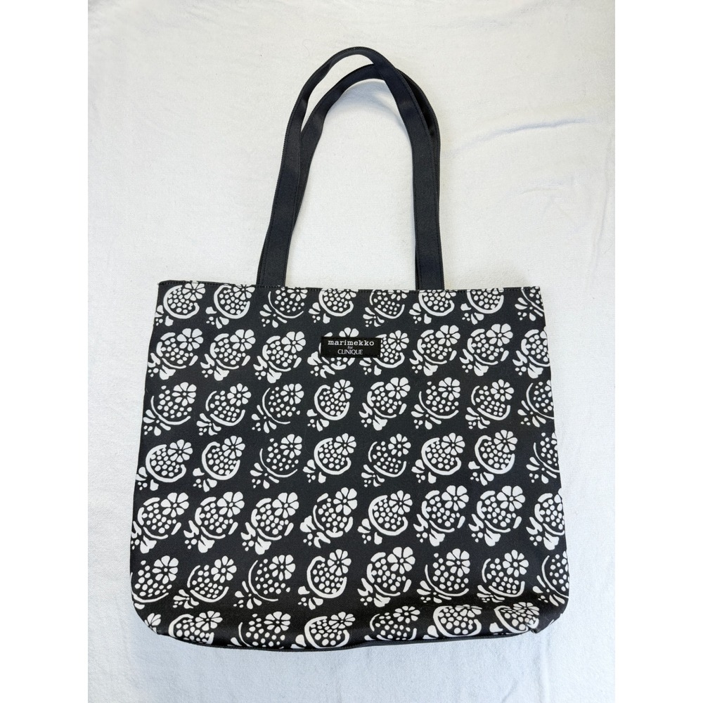 Marimekko for Clinique Tote Bag Black White Floral Print Canvas Shoulder Bag‎